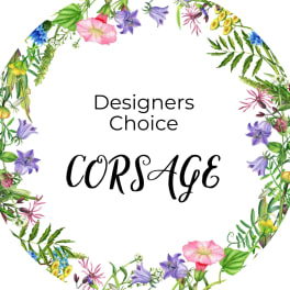 Floral wreath illustration encircling the words 'Designers Choice Corsage' on white background.