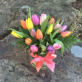 Bouquet of multicolored tulips in a glass vase with a pink ribbon