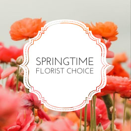 Spring floral graphic with orange and pink blooms behind a white label