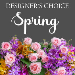 Pink roses and purple orchids arranged beneath the word Spring