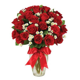 Bouquet of red roses with small white filler flowers in a glass vase