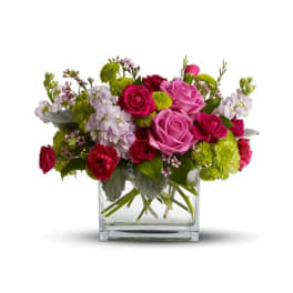 Pink and red roses in a clear glass vase