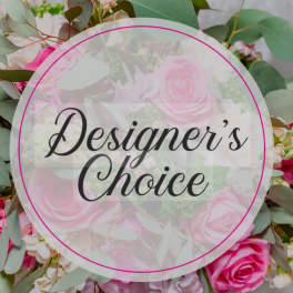 Pink rose bouquet with eucalyptus and a Designer's Choice label