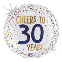 Round confetti balloon reading "Cheers to 30 Years"