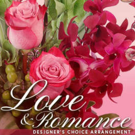 Pink roses with deep red orchids and greenery
