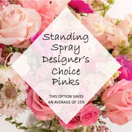 Pink rose standing spray with mixed blossoms and text overlay