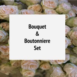 Background of blush roses with centered text reading Bouquet and Boutonniere Set