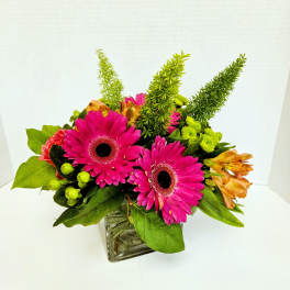 Pink gerbera daisies in a square glass vase with orange alstroemeria