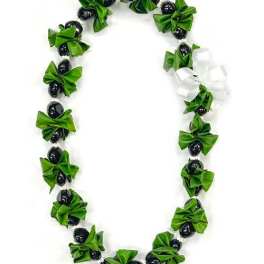 Green and black beaded lei with a white ribbon bow