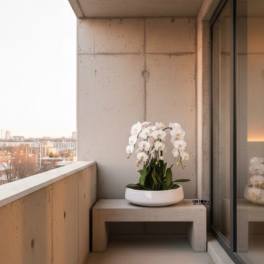 White orchids in a low white planter on a balcony