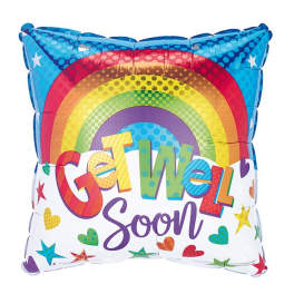 Rainbow foil balloon with "Get Well Soon" text and stars