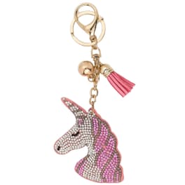Unicorn keychain with pink tassel and rhinestone charm
