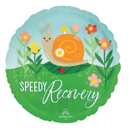 Round balloon with a cartoon snail and flowers, reading "Speedy Recovery"