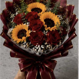Sunflower and Rose Wrapped Bouquet