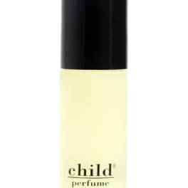 A small perfume bottle with a black cap and pale yellow liquid