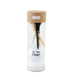 Clear tube gift set with three wooden tap handles and a round white item