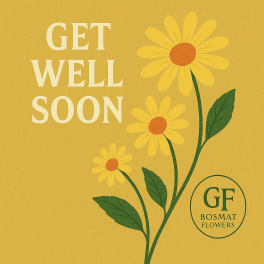 Yellow get well soon card with daisy illustration and Bosmat Flowers logo