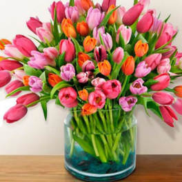 Bouquet of pink, orange, and purple tulips in a glass vase