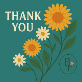 Thank you card with illustrated daisies on a teal background