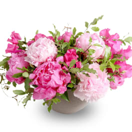 Pink peonies arranged in a low gray bowl vase