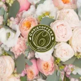 Blush and white roses with eucalyptus and small filler flowers