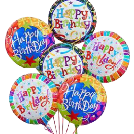 Cluster of colorful round Happy Birthday balloons with multicolored patterns