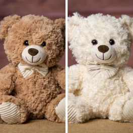 Two plush teddy bears, one tan and one white, with bows around their necks