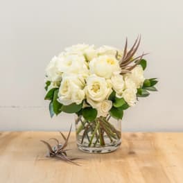 White rose bouquet in a clear glass vase with brown air plants