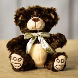 Brown teddy bear with a ribbon bow sitting on a neutral surface