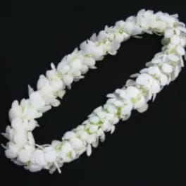 White flower lei on a black background