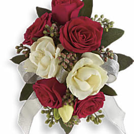 Red and white rose bouquet with silver ribbon