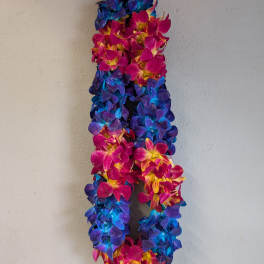 Orchid lei blocked blue and burgundy