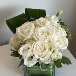 White roses and hydrangeas in a square glass vase with broad green leaves.