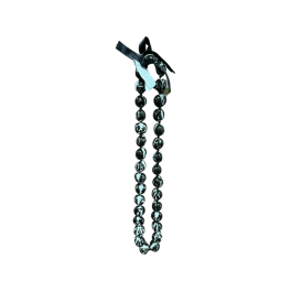 A long strand of dark beads tied with a ribbon