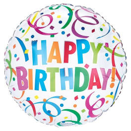 Round birthday balloon with colorful "HAPPY BIRTHDAY" text