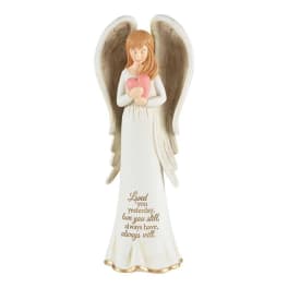 Angel figurine holding a pink heart with a memorial message on the robe