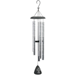 Silver wind chime with hanging metal tubes and a black clapper
