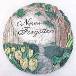 Decorative plaque with tulips and the words "Never Forgotten"