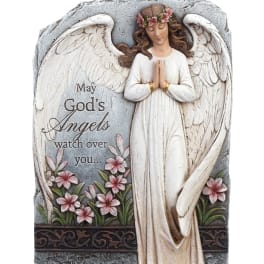 Angel memorial plaque with pink flowers and the text 'May God's Angels watch over you...'