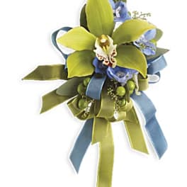 Green cymbidium orchid and blue accent flowers corsage with green and blue ribbon streamers