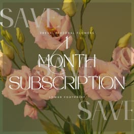 Pink lisianthus stems on a green background with overlay text advertising a 1 month flower subscription