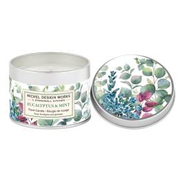 Eucalyptus and mint travel candle in a metal tin with floral lid