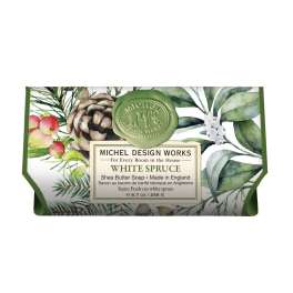Wrapped bar of White Spruce shea butter soap with botanical print