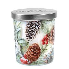 Decorative glass jar candle with pinecone and berry design