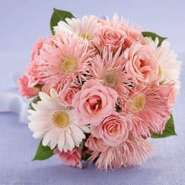 Pink roses and white daisy-like flowers in a compact bouquet