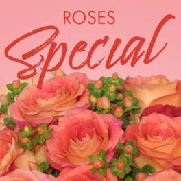 Pink and peach roses with berry-like accents under the word Special