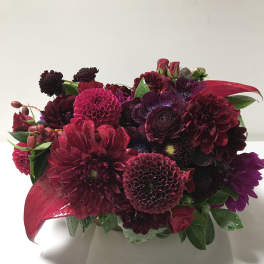 Deep burgundy and magenta bouquet with mixed blooms in a low arrangement