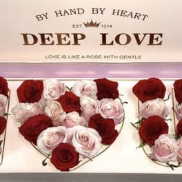 Boxed arrangement of red and pale pink roses in heart shapes