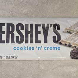 Hershey's Cookies 'n' Creme candy bar in a blue wrapper