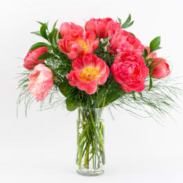 Tall bouquet of bright pink peonies with wispy greenery in a clear glass vase.